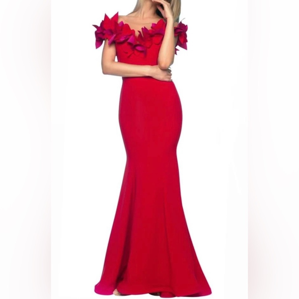 Nicole Bakti Red Ruffled Off-Shoulder Gown